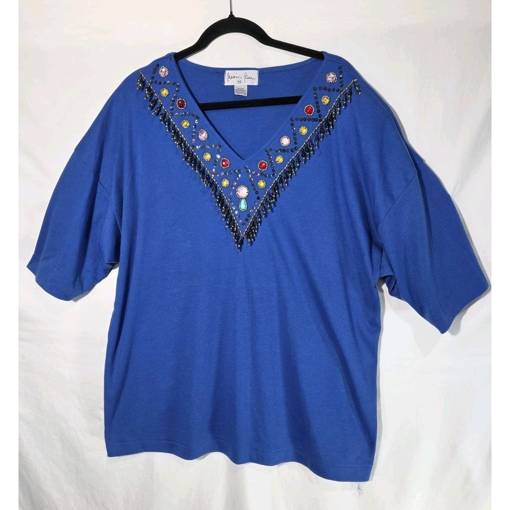 Naomi Bee Beaded Fringe Top Womens 44 XL Blue Jewel Embellished V-Neck